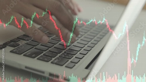 Hands Typing on Laptop Keyboard with Stock Chart Overlay, Symbolizing Global Economic Trends and Business Analysis in Dynamic Business Environment