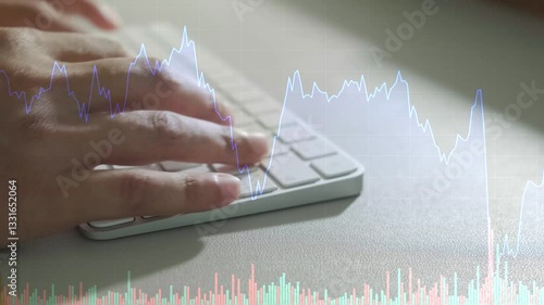 Hands Typing on Keyboard with Overlaid Stock Market Charts Global Economic and Business Analysis Through Typing and Chart Interpretation