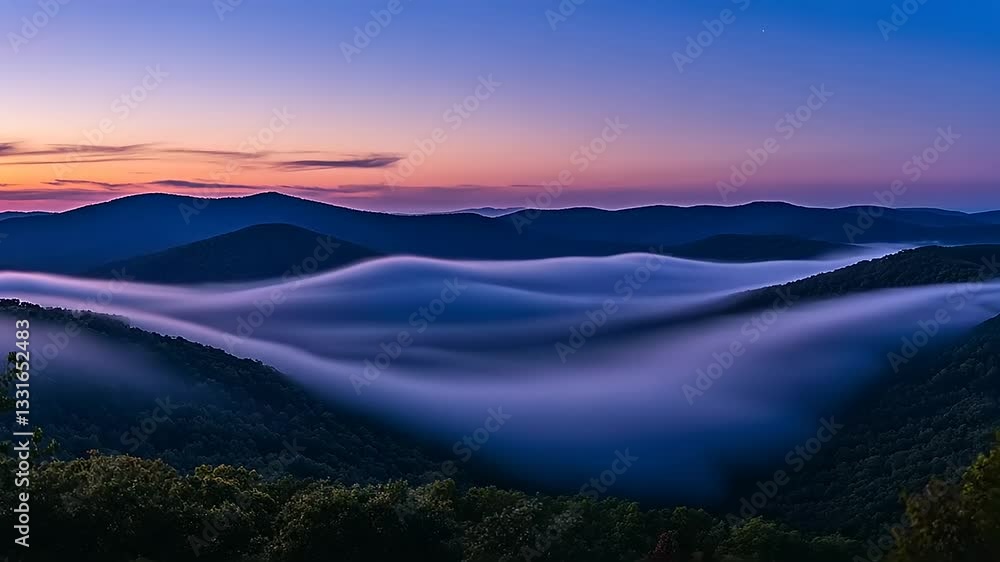 Serene sunrise over rolling hills shrouded in mist, with vibrant colors illuminating the sky Serene sunrise over rolling hills shrouded in mist, with vibrant colors illuminating the sky