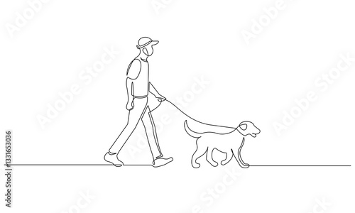Man Walking with Dog Continuous One Line Drawing. Man and Dog One Line Vector Illustration. Minimal Trendy Contemporary Design for Wall Art, Prints, Social Media, Posters, Invitations, Branding Design