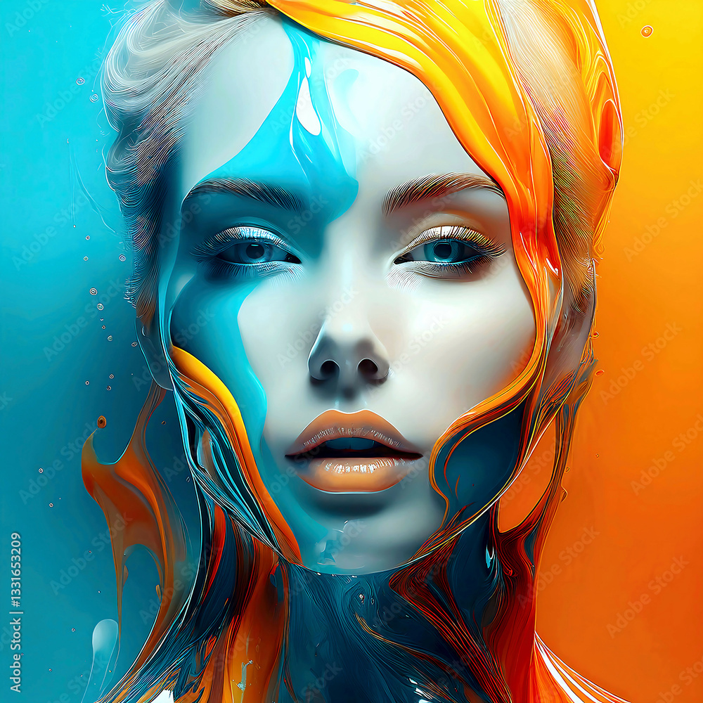 custom made wallpaper toronto digitalA digital portrait featuring woman with abstract fluid art elements in blue and orange tones. The images combine surrealism and modern digital artistry.