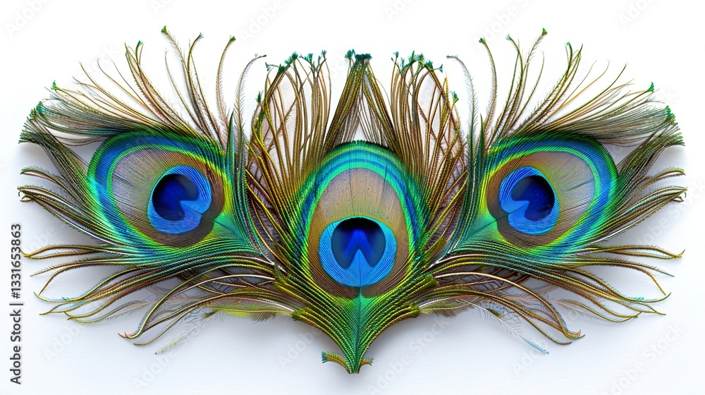 Obraz premium Macro peacock feather,Peacock Feather,Beautiful exotic peacock feather on white background with copy space 