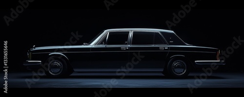 Classic black luxury car in dim lighting.