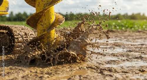 Yellow drill bit sprays mud in a muddy outdoor scene.