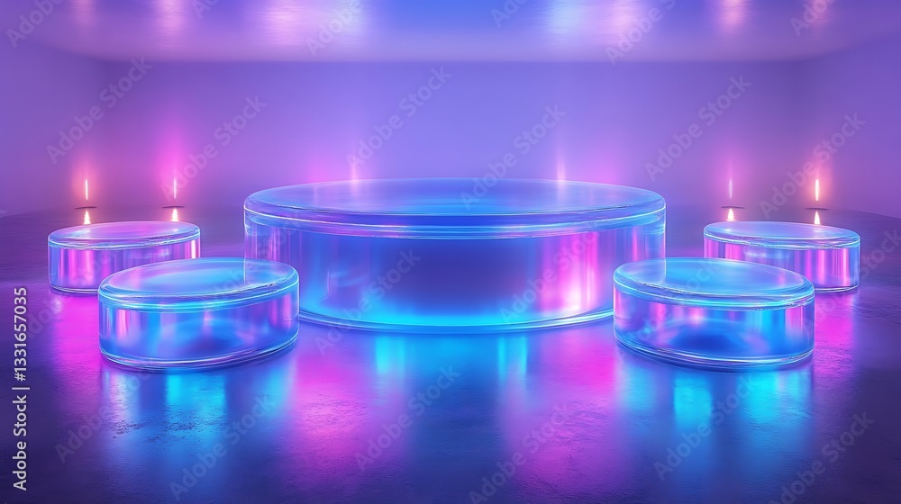 Illuminated glass platforms with candles in a vibrant purple room Illuminated glass platforms with candles in a vibrant purple room