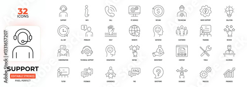 Support Line Icon Set. Technical Dissatisfied, Communication,  Call Center, Information, Leadership, Editable Stroke.