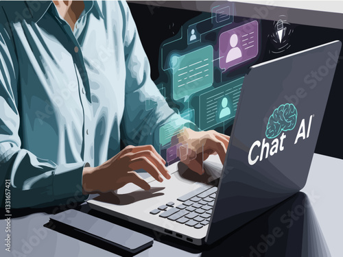 Interacting with AI Chatbot on Laptop, Futuristic Technology, Artificial Intelligence, ChatGPT, Digital Communication, Smart Assistant, Modern    
