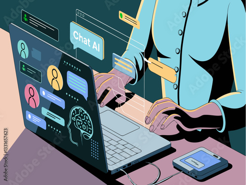 using laptop, interacting with AI chatbot. Futuristic technology concept. Artificial intelligence, ChatGPT, digital communication, online support,