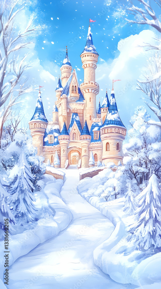 Fototapeta premium Snowy fairytale castle nestled in winter wonderland