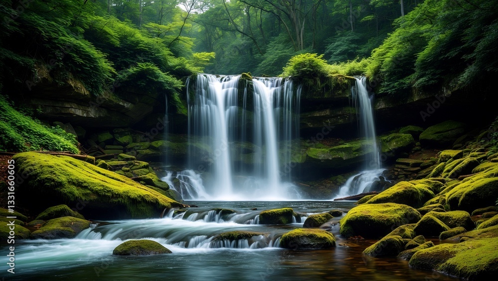 Obraz premium Majestic waterfall cascading through a lush forest
