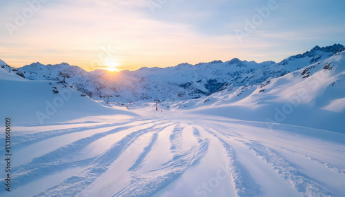 Snowy ski slopes at sunset in the mountains