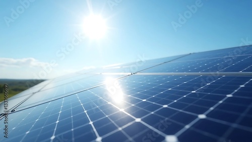 High-tech photovoltaic solar panels under bright sunlight, symbolizing renewable energy and sustainability. Solar power, Green technology, Clean energy