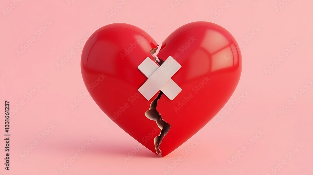 Obraz premium Mending a broken heart. A damaged red heart with fractures and a white bandage represents emotional healing. Love loss, Overcoming pain, Relationship recovery