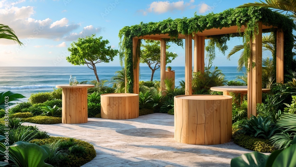 Fototapeta premium Nature inspired podiums surrounded by ocean greenery