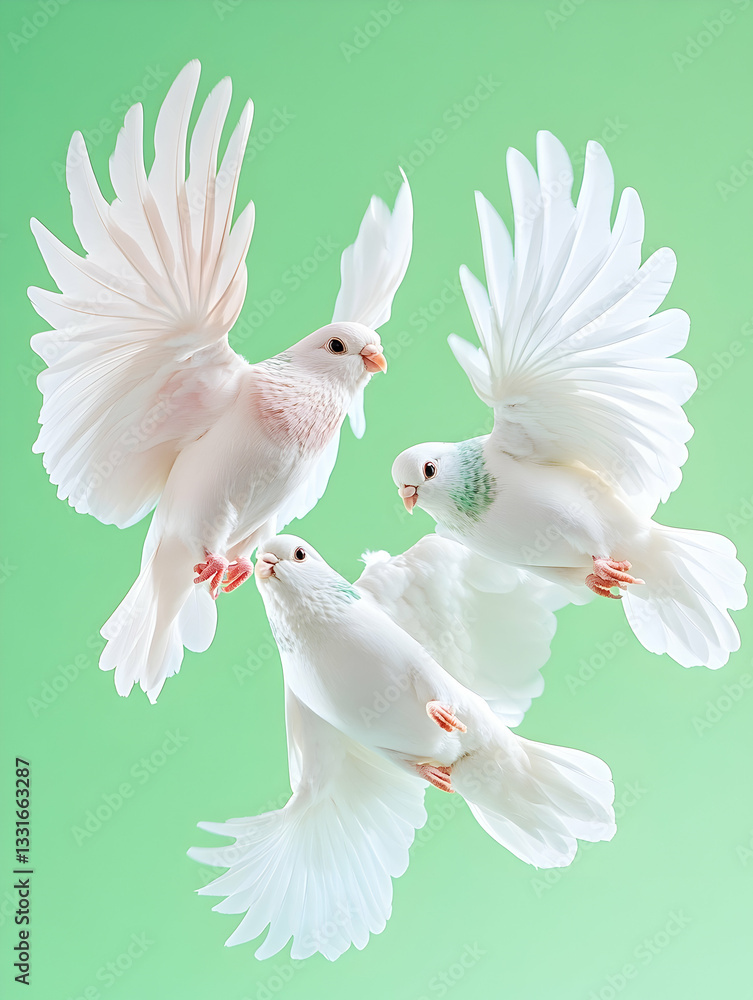 Obraz premium Three white doves in flight against a light green background
