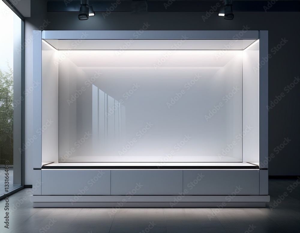 empty white display case with subtle lighting and clean lines empty white display case with subtle lighting and clean lines