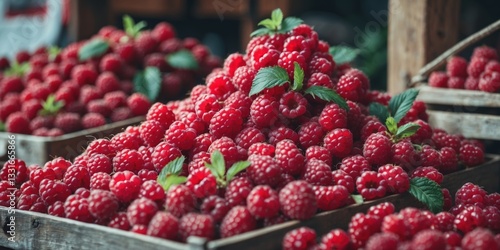 Freshly harvested raspberries piled high in wooden crates at a market during the summer season