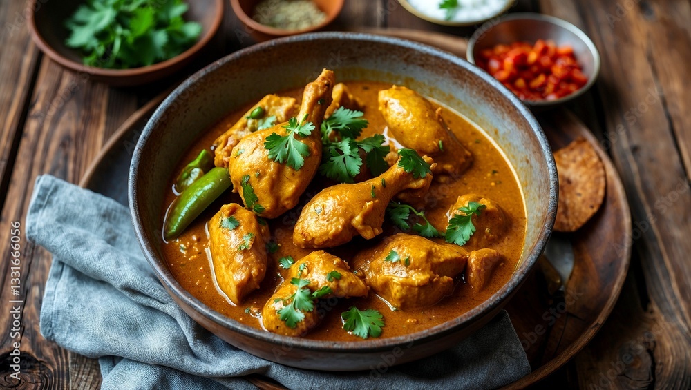 Savory homemade chicken curry in a rustic bowl Savory homemade chicken curry in a rustic bowl
