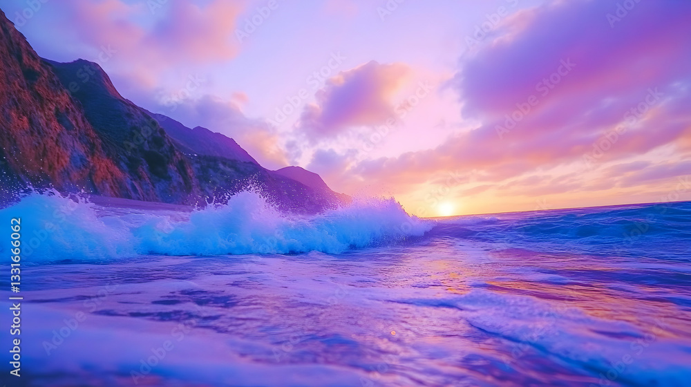 Fototapeta premium Vibrant sunset over a dramatic coastline. Waves crash on the shore