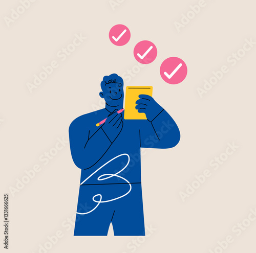 Man takes notes  and done mark. Colorful vector illustration
