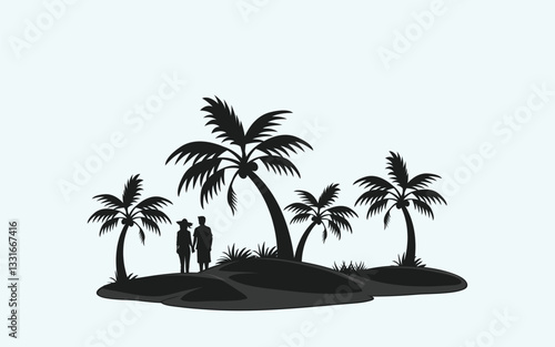 Black Silhouette of Palm Tree on island. Perfect for Designs beach palm tree vector illustration. couple enjoy the sunset on a beautiful palm beach illustration