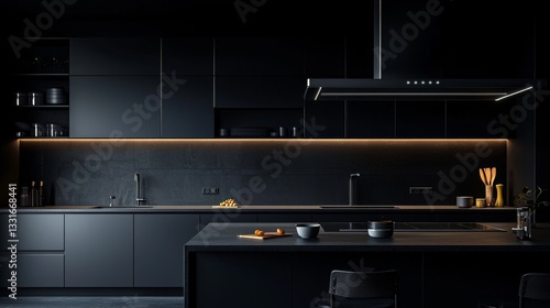 Modern black kitchen with sleek design.