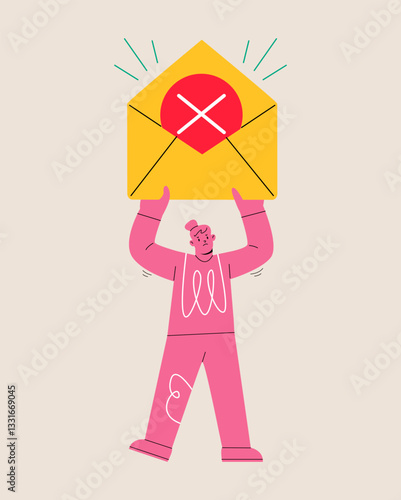 Woman holding envelope in hands. Unsuccessfully sent message verification concept. Colorful vector illustration