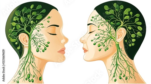 Head and neck lymphatic system illustration, showing healthy vs. compromised lymphatic flow