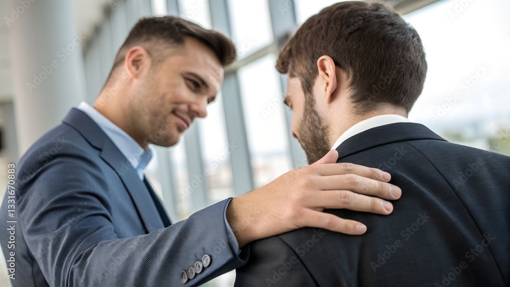 A professional businessman placing a reassuring hand on a colleague's shoulder, offering support and encouragement in a corporate office setting. A concept of leadership, empathy, and teamwork.
A professional businessman placing a reassuring hand on a colleague's shoulder, offering support and encouragement in a corporate office setting. A concept of leadership, empathy, and teamwork.