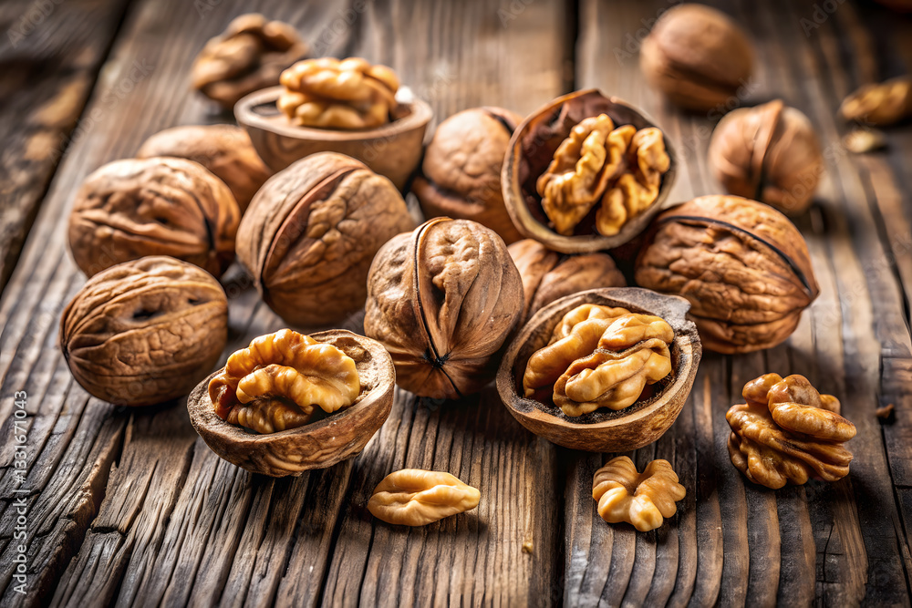 pile of walnuts with some cracked open, showcasing their rich texture pile of walnuts with some cracked open, showcasing their rich texture