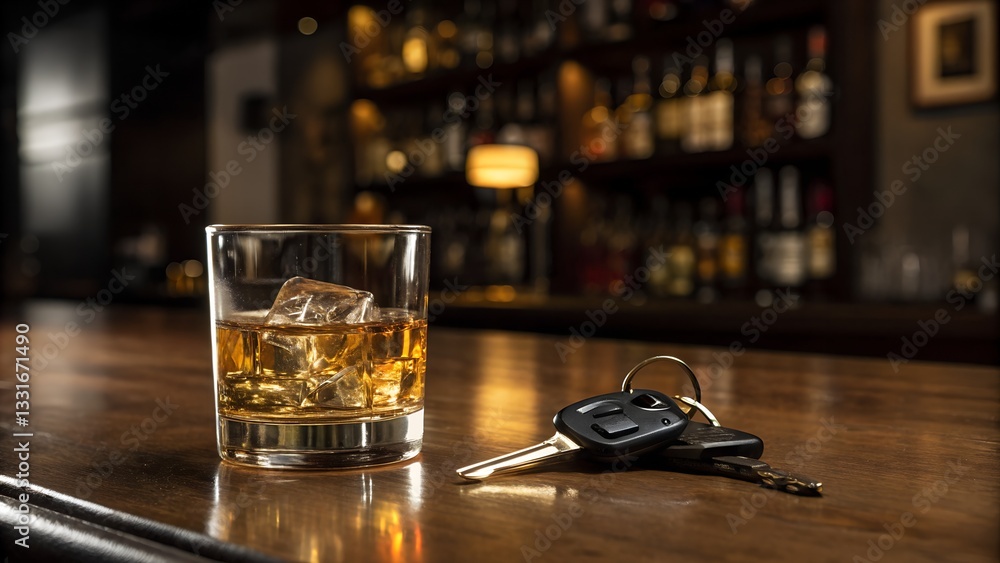 A glass of whiskey on the rocks sits next to a pair of car keys on a wooden bar counter. A dramatic composition highlighting the issue of responsible drinking and driving awareness.
A glass of whiskey on the rocks sits next to a pair of car keys on a wooden bar counter. A dramatic composition highlighting the issue of responsible drinking and driving awareness.
