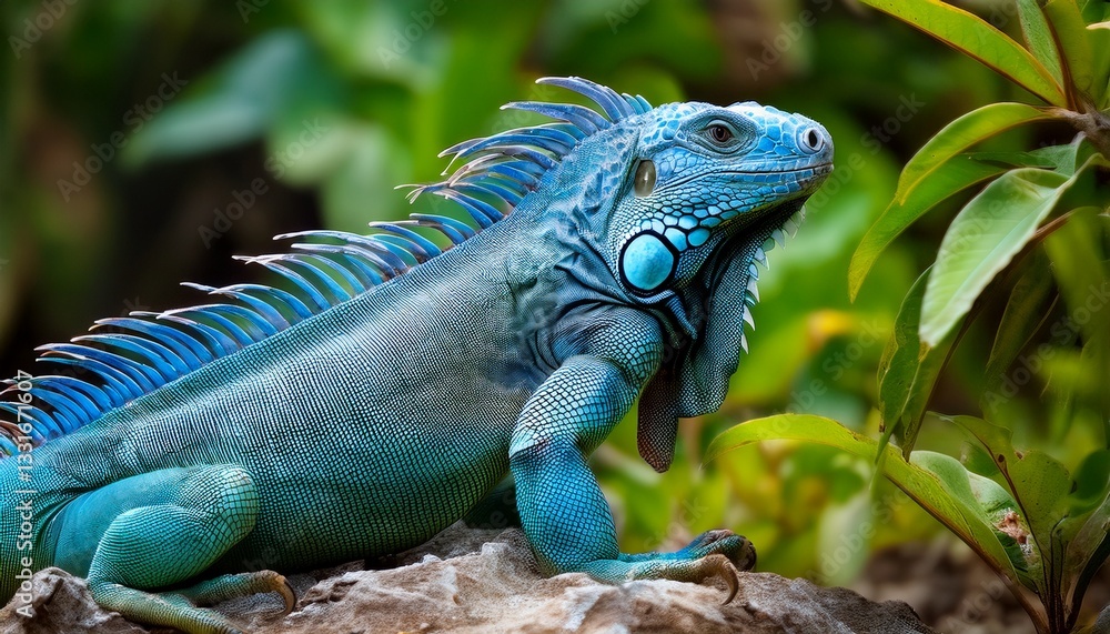 Fototapeta premium A bright blue iguana climbing rocky outcrops on a tropical island, its vivid color contrasting with the natural stone and lush greenery. 