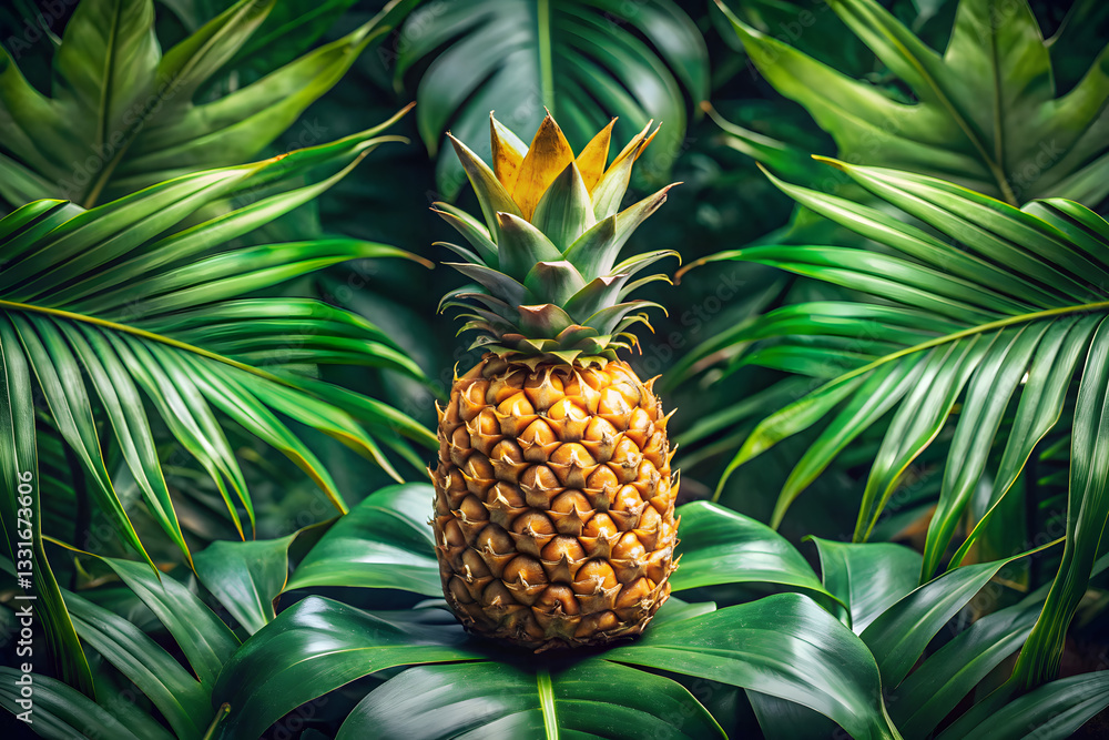 whole pineapple with its crown, surrounded by lush green leaves whole pineapple with its crown, surrounded by lush green leaves