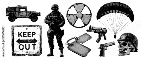 Set of Military war and army halftone grunge vector design elements