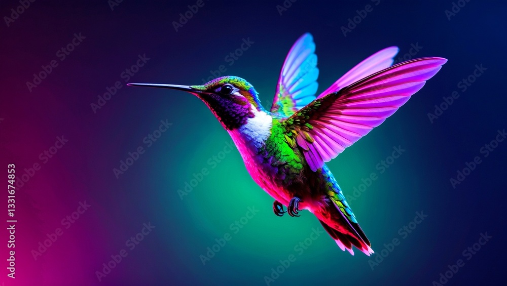 Fototapeta premium Vibrant hummingbird in neon colors against dark background