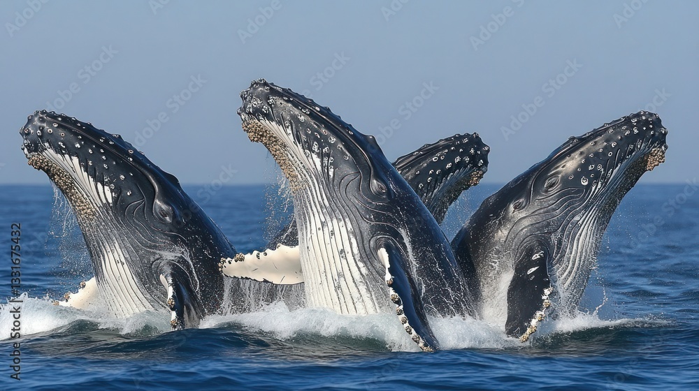 Obraz premium Humpback whales breaching in the ocean. 