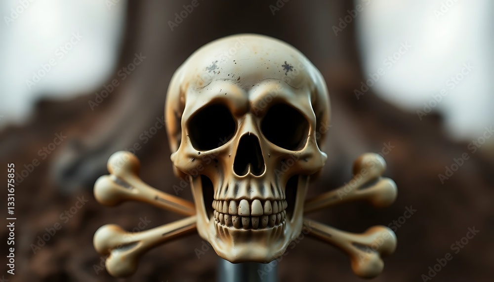 Close-up view of a detailed human skull model with crossbones, a captivating and eerie image perfect for Halloween or gothic aesthetics. Close-up view of a detailed human skull model with crossbones, a captivating and eerie image perfect for Halloween or gothic aesthetics.