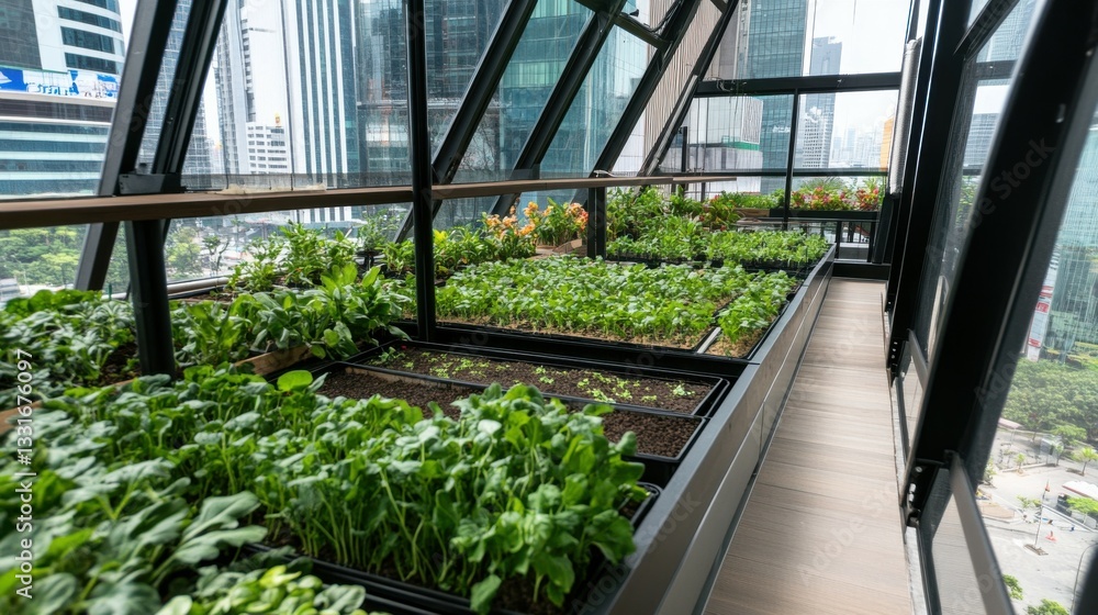 Urban rooftop garden growing fresh vegetables in modern city building Urban rooftop garden growing fresh vegetables in modern city building
