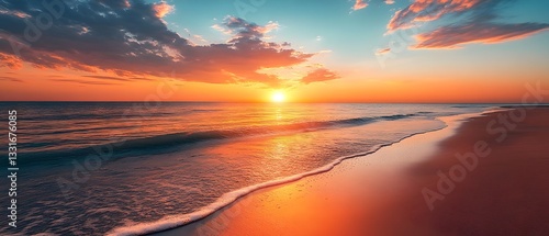 Fototapeta Naklejka Na Ścianę i Meble -  Tranquil beach at sunset with a serene reflection