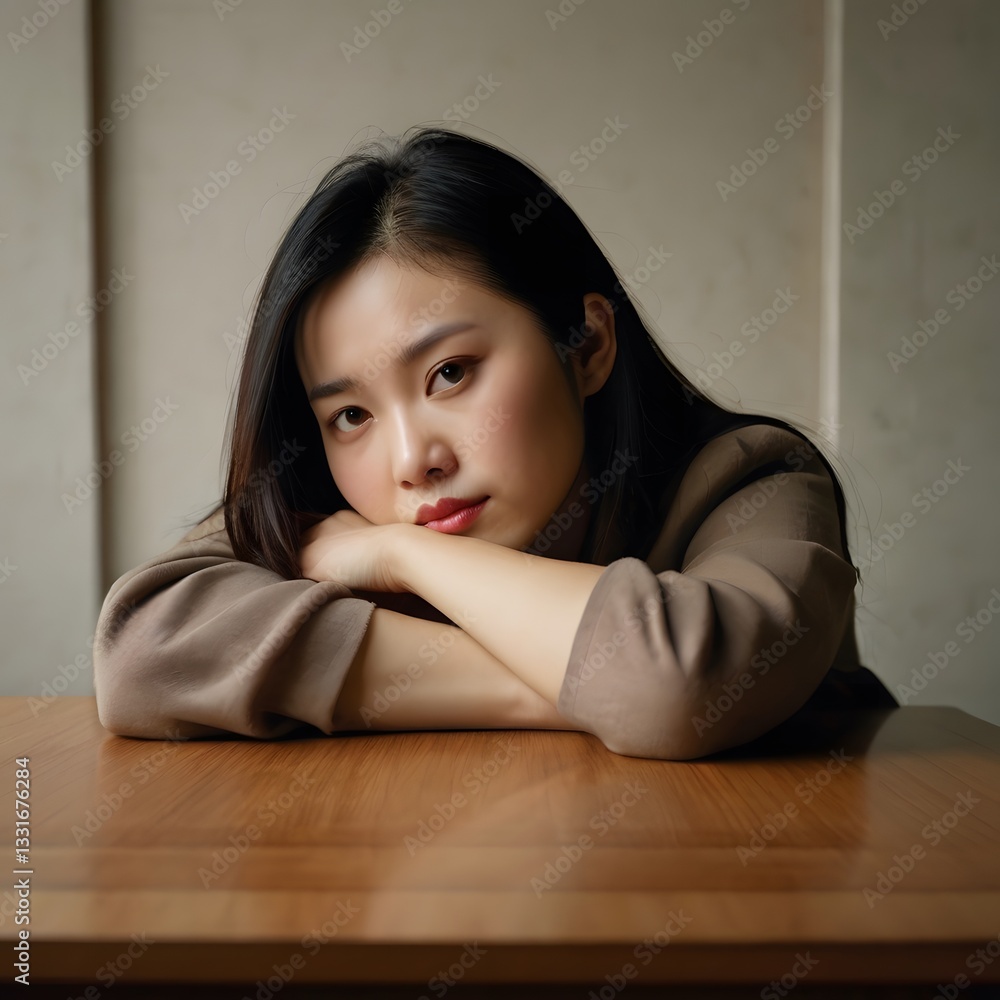 Portrait of elegant woman sitting indoors, Beautiful young woman posing to camera on isolated brown background Portrait of elegant woman sitting indoors, Beautiful young woman posing to camera on isolated brown background