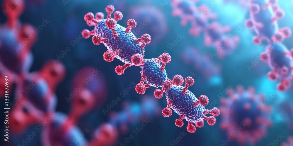 Science performance efficiency improvement concept. Microscopic view of virus with red and blue elements. Science performance efficiency improvement concept. Microscopic view of virus with red and blue elements.