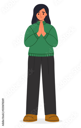 A young woman with dark hair prays with her hands folded in a gesture of apology. Apologize or say sorry, regret for what happen asking for forgiveness concept. Vector illustration isolated on white