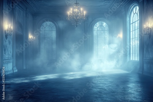 Mysterious empty ballroom with fog and chandeliers in an ancient mansion