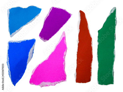 Pieces of torn or cut colorful paper. Isolated design elements on transparent background.