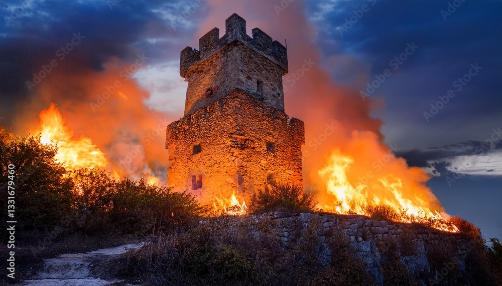 Fototapeta premium an ancient stone tower is overwhelmed by bright blazing flames during dusk surrounded by thick smoke fiery orange and red colors illuminate the night sky creating a dramatic atmosphere