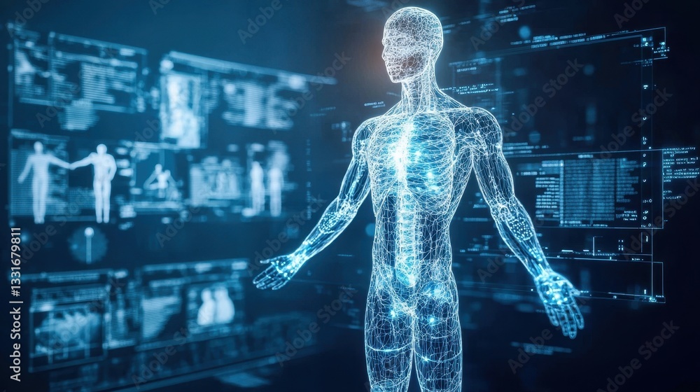 A digital representation of a human figure surrounded by data visualizations, showcasing the intersection of technology and biology. A digital representation of a human figure surrounded by data visualizations, showcasing the intersection of technology and biology.
