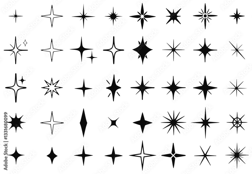vector sparkle icon set featuring shiny stars, compass symbols, decorative elements. Perfect for Christmas designs, navigation maps, travel icons, and grunge-style illustrations. vector sparkle icon set featuring shiny stars, compass symbols, decorative elements. Perfect for Christmas designs, navigation maps, travel icons, and grunge-style illustrations.