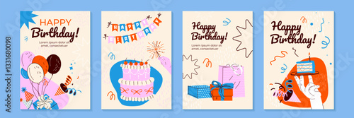Birthday greeting cards design with cake, balloons and typography design. Abstract universal grunge artistic templates. For poster, business card, invitation, flyer, banner, email header
