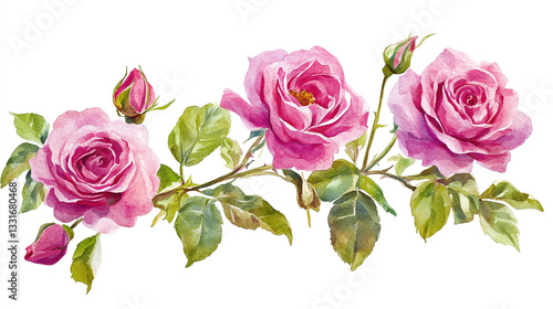Wallpaper Mural Pink roses with green leaves in watercolor style, symbolizing natural beauty and delicate elegance. Torontodigital.ca