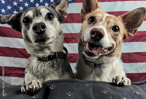 happy dogs front of an American flag background